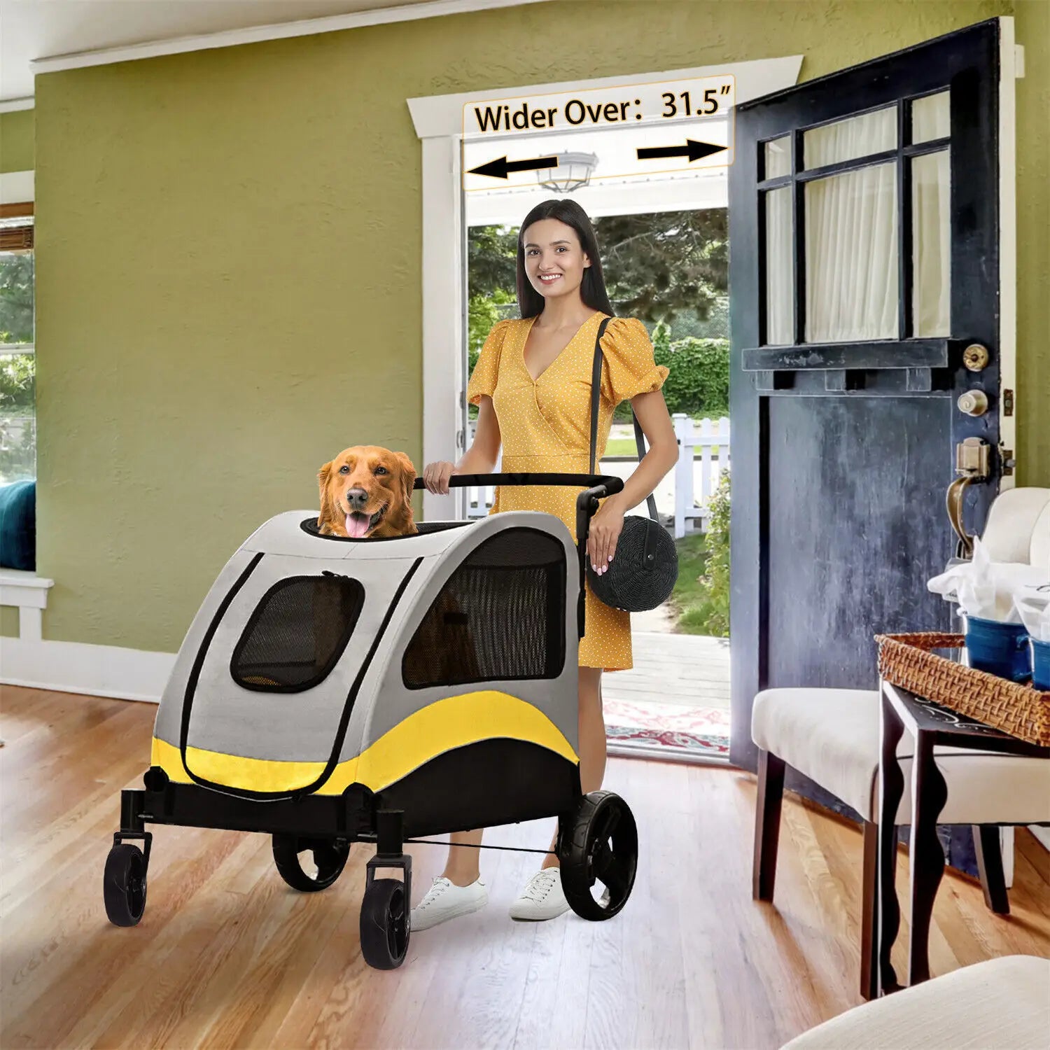 Heavy Duty Dog Stroller Foldable Pet Trolley Carrier Double Door Jogger Cart for Large Dogs Outdoor Walking Exercise 30 Inch