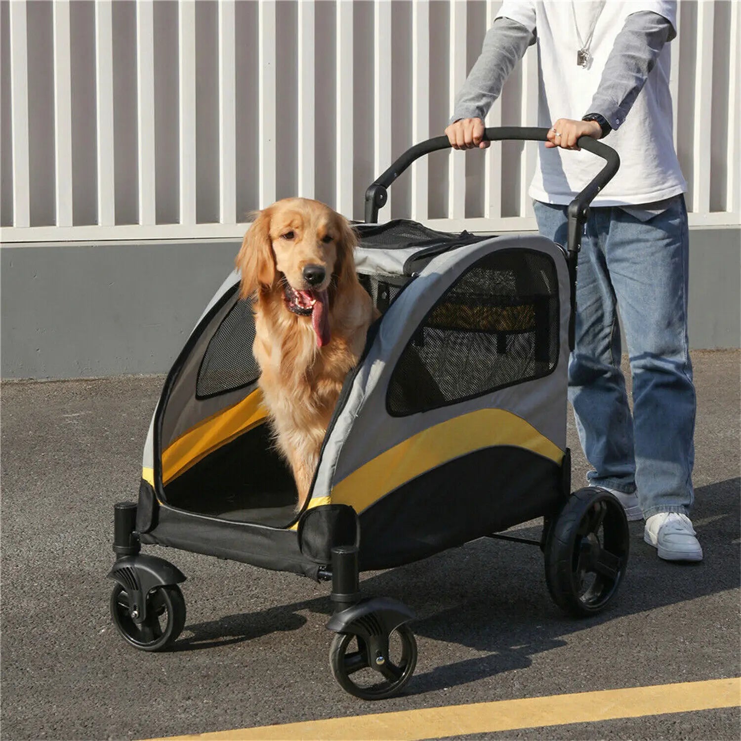 Heavy Duty Dog Stroller Foldable Pet Trolley Carrier Double Door Jogger Cart for Large Dogs Outdoor Walking Exercise 30 Inch