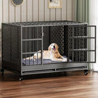 48 Inch Heavy Duty Dog Crate with Wheels Folding Metal Big Dog Cage for Large and Medium Dogs Extra Large XL XXL Indestructible