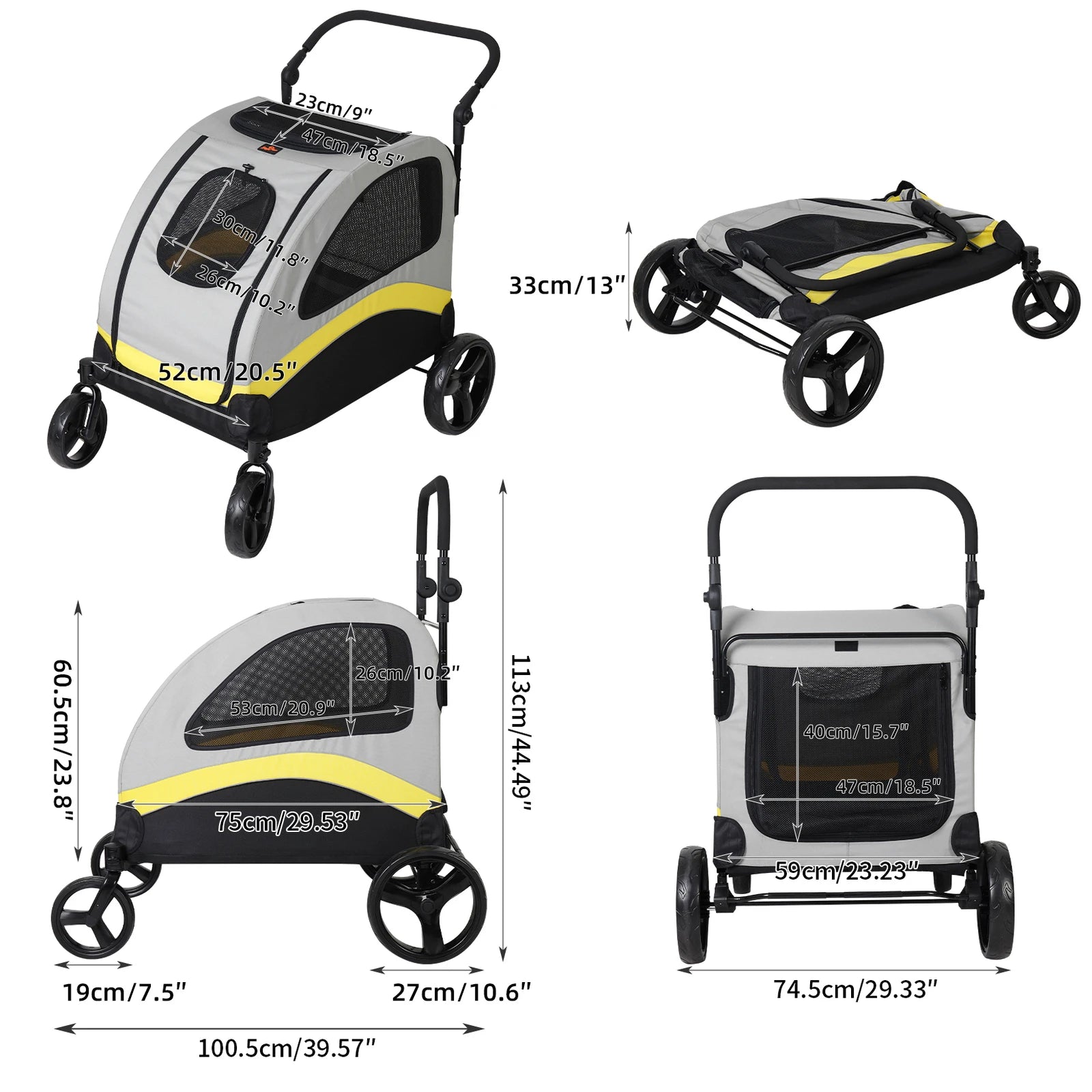 Heavy Duty Dog Stroller Foldable Pet Trolley Carrier Double Door Jogger Cart for Large Dogs Outdoor Walking Exercise 30 Inch