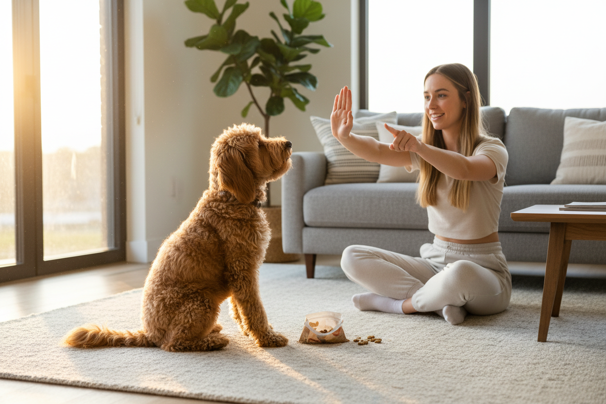realisitc image showing a dog getting trained in a house 