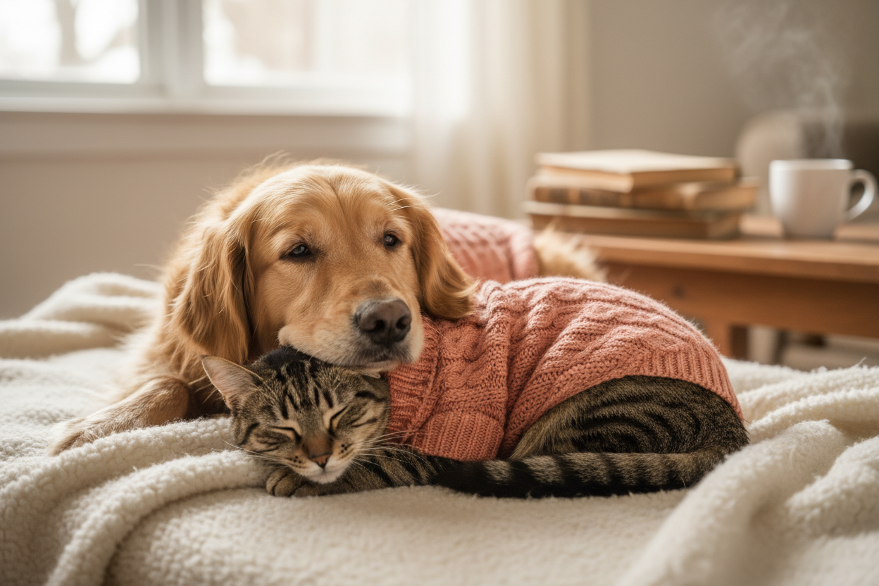 realisitic image of a dog and cat lounging have them wear salmon sweaters