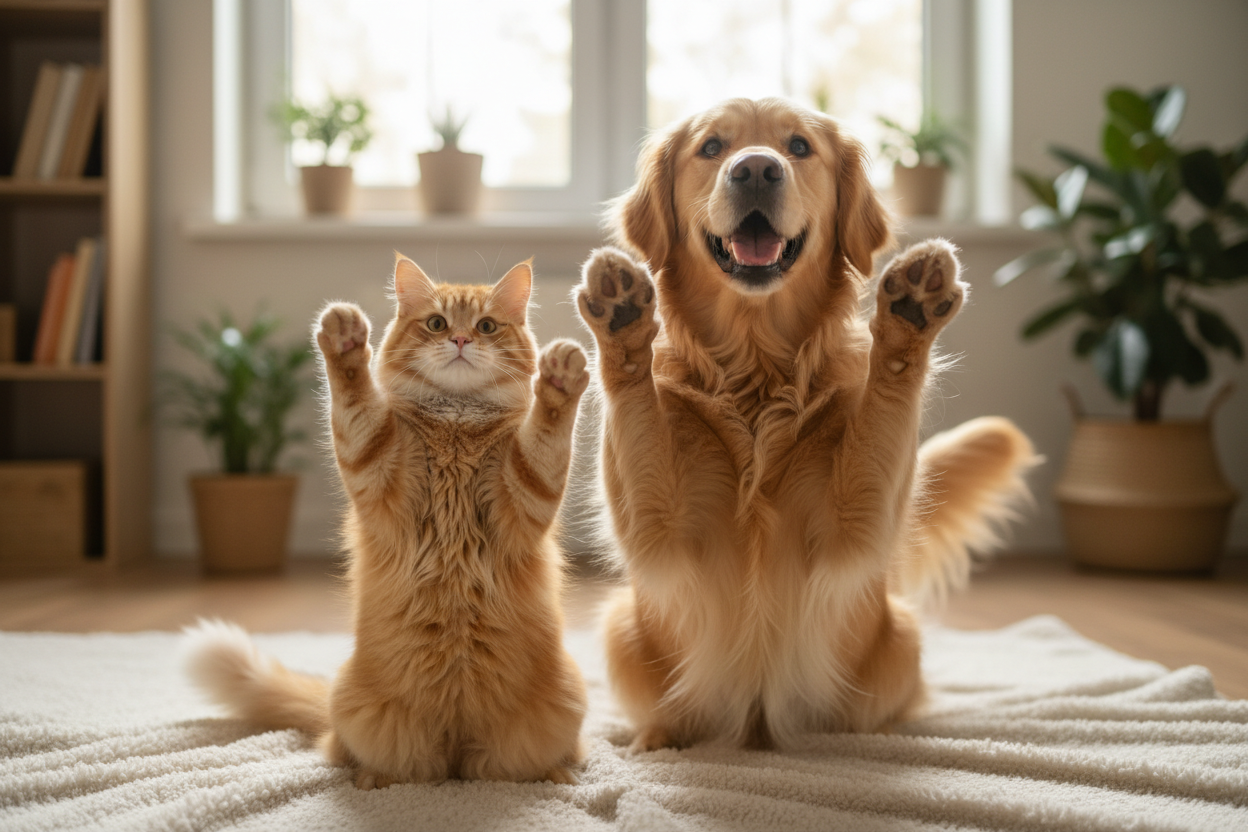 REALISITIC IMAGE SHOWING A DOG AND A CAT HEAD WITH PAWS UP 
